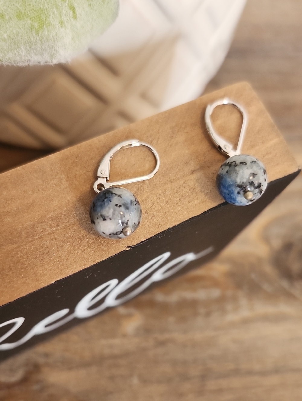 Silver Leverback Earrings with Blue-Gray Stone Beads